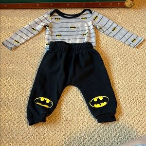 Batman Gray Striped Top and Black Pants Two-Piece Set with Yellow Logos. 6-9M